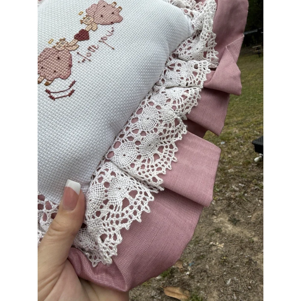Vintage Cross Stitch Handmade Pillow “LOVE YOU” Angels Rectangle Lace Ruffles